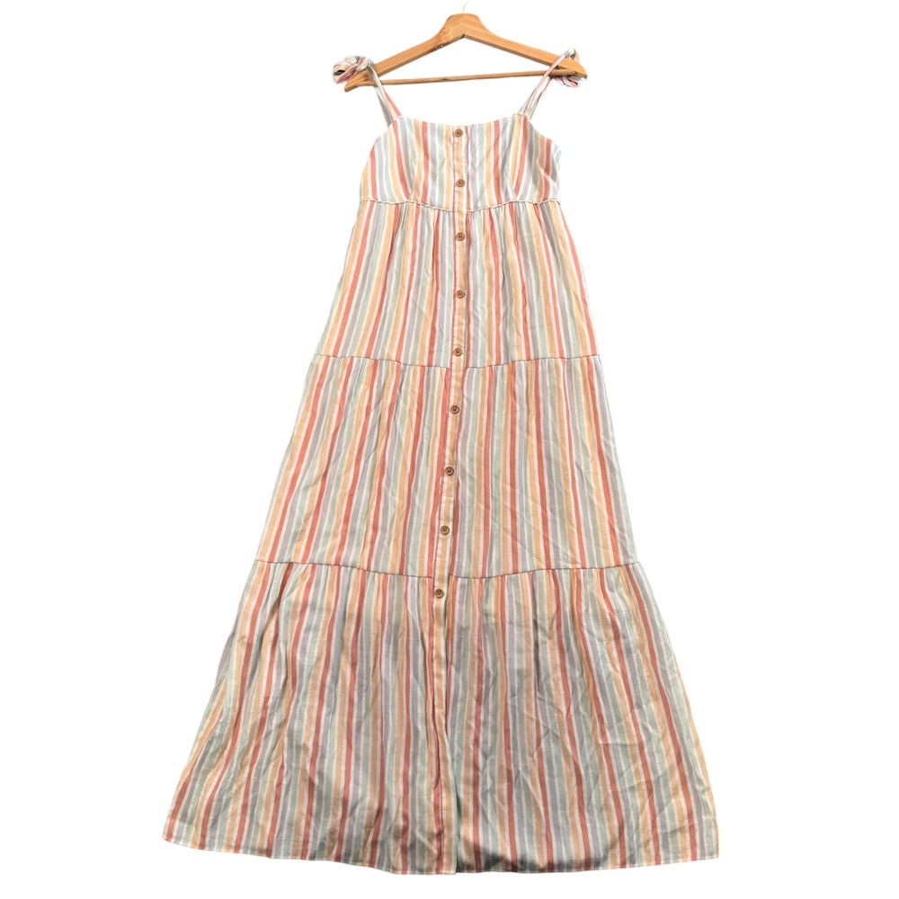 Boho Stripe Tiered Maxi Sundress S‎ Festival Cottagecore Coastal Breezy Pastel